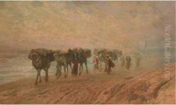 A Camel Train On The Banks Of The Nile Oil Painting by Karoly Cserna