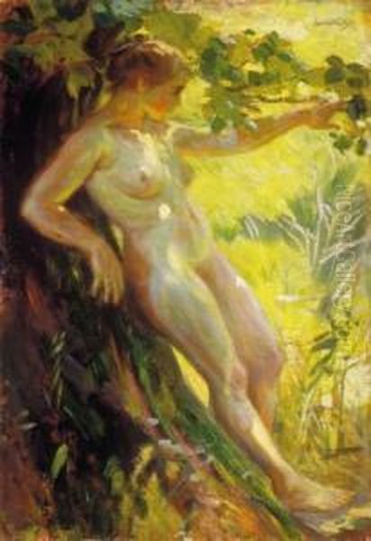 Nude In The Open-air Oil Painting by Karoly Cserna