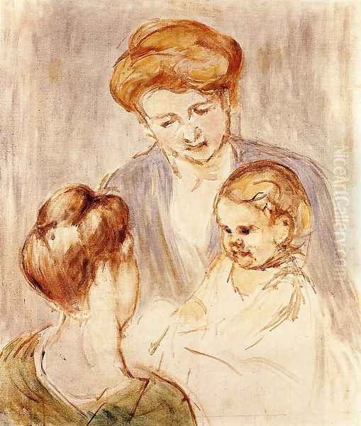 A Baby Smiling At Two Young Women Oil Painting by Mary Cassatt