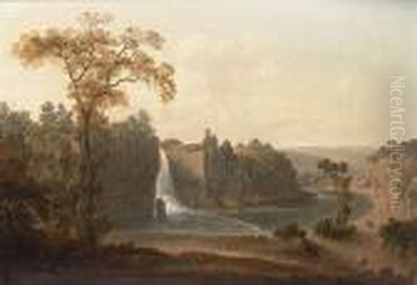 A Yorkshire River Landscape With A Waterfall Oil Painting by George Cuitt