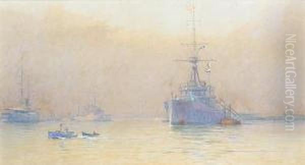 In The Harbour At Portsmouth, With A Vice-admiral's Flagship Preparing To Sail Oil Painting by Alma Claude Burlton Cull