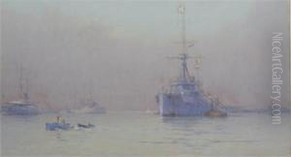 British Battleships Moored Off The Coast Oil Painting by Alma Claude Burlton Cull