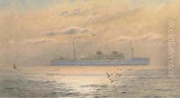 A Union Castle Liner In Coastal Waters At Dusk Oil Painting by Alma Claude Burlton Cull