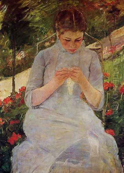 Young Woman Sewing in the garden, c.1880-82 Oil Painting by Mary Cassatt