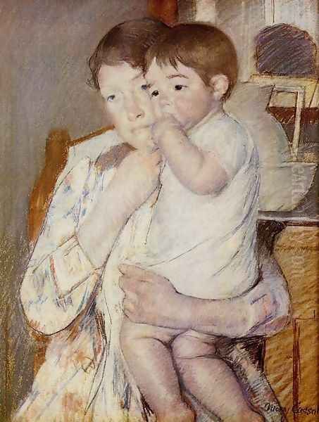 Baby in His Mother's Arms, Sucking His Finger Oil Painting by Mary Cassatt