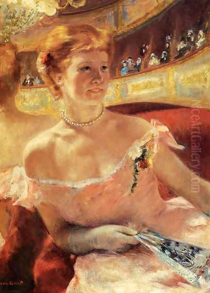 Woman With A Pearl Necklace In A Loge Oil Painting by Mary Cassatt