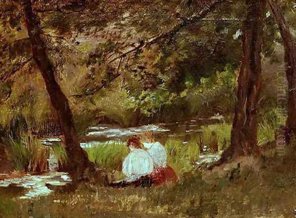 Two Women Seated By A Woodland Stream Oil Painting by Mary Cassatt