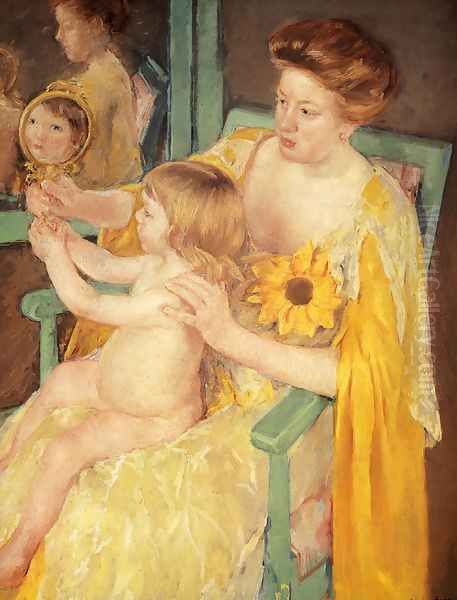 Mother Wearing A Sunflower On Her Dress Oil Painting by Mary Cassatt