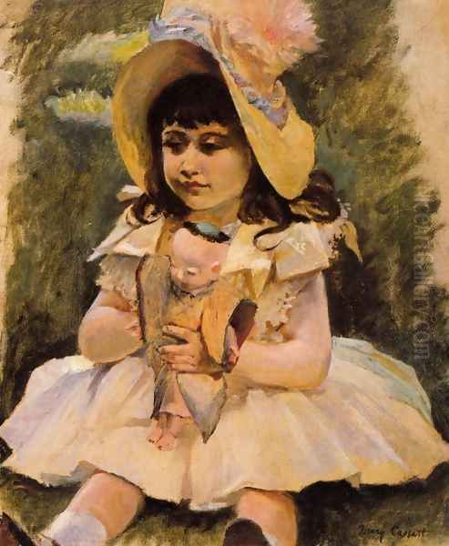 Little Girl With A Japanese Doll Oil Painting by Mary Cassatt