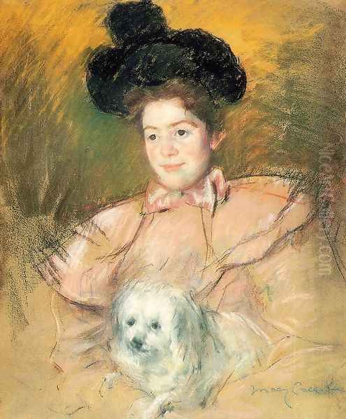 Woman In Raspberry Costume Holding A Dog Oil Painting by Mary Cassatt