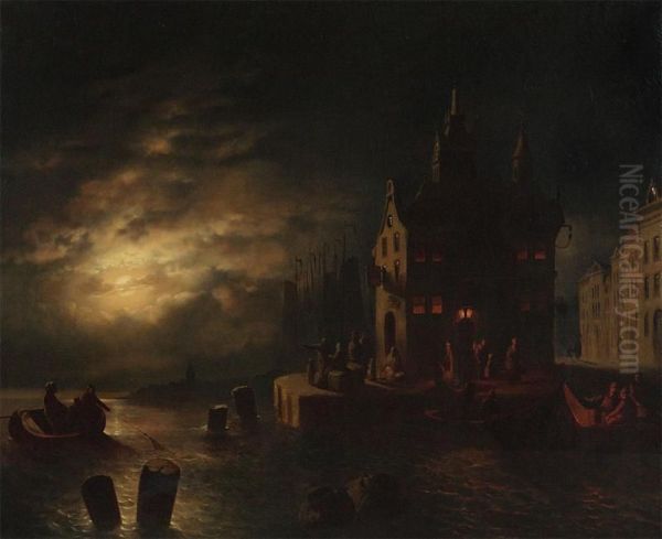 Harbour View At Night With Figures At The Quay Oil Painting by Johann Mongels Culverhouse