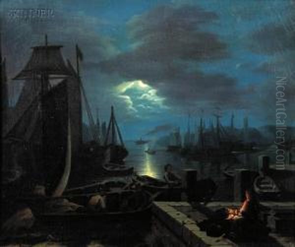 Moonlit Harbor Oil Painting by Johann Mongels Culverhouse