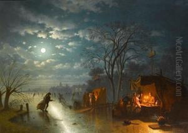 Figures Skating By Moonlight Oil Painting by Johann Mongels Culverhouse