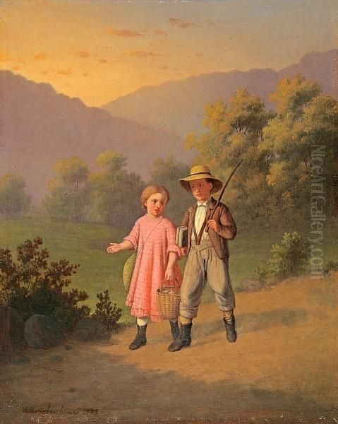 Children Walking Down A Path Oil Painting by Johann Mongels Culverhouse