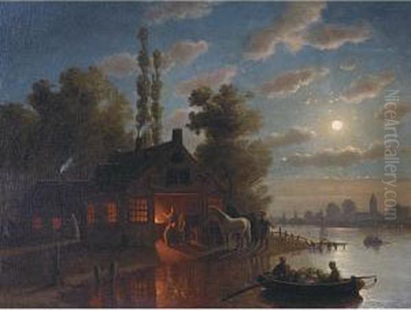 Blacksmith's Shop, Moonlight Oil Painting by Johann Mongels Culverhouse