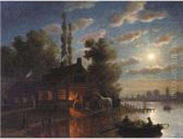 Blacksmith's Shop, Moonlight Oil Painting by Johann Mongels Culverhouse