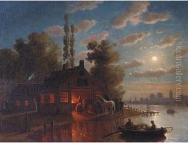 Blacksmith's Shop, Moonlight Oil Painting by Johann Mongels Culverhouse