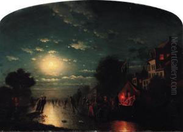 Elegant Skating By Moonlight Oil Painting by Johann Mongels Culverhouse