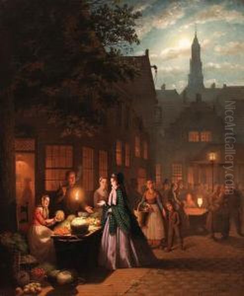 An Evening Marketplace Oil Painting by Johann Mongels Culverhouse