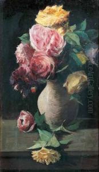 Vaso Di Rose Sul Tavolo Oil Painting by Ettore Cumbo