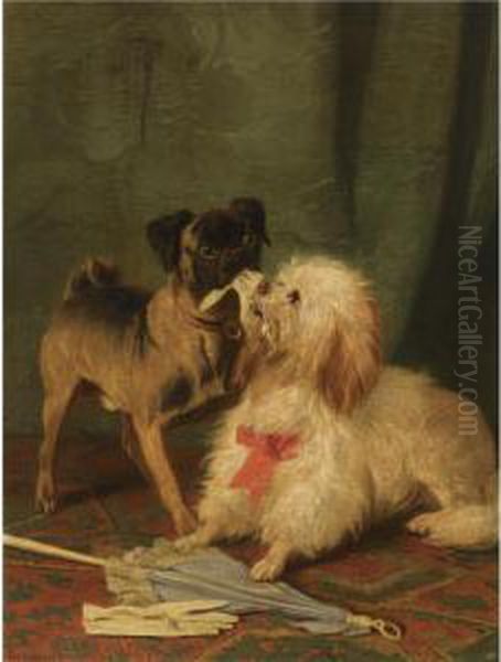 A Pug And A Maltese Playing Tug-of-war Oil Painting by Conradyn Cunaeus