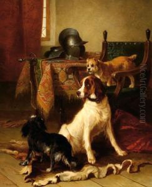 Three Dogs In An Interior Oil Painting by Conradyn Cunaeus