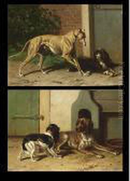 A Greyhound And A Shepherd Dog; A King Charles Spaniel And A Drentse Partridge Dog Oil Painting by Conradyn Cunaeus