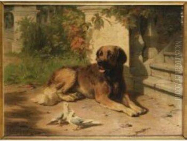 A Leonburger By The Steps Of A Country House Oil Painting by Conradyn Cunaeus