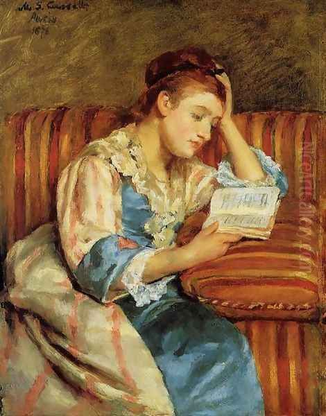 Mrs. Duffee Seated on a Striped Sofa, Reading Oil Painting by Mary Cassatt