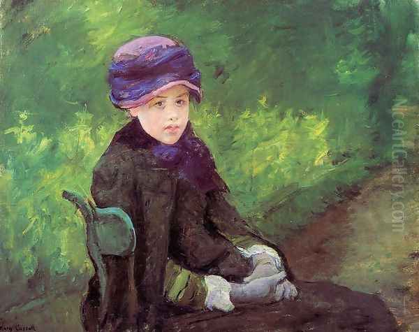 Susan Seated Outdoors Wearing A Purple Hat Oil Painting by Mary Cassatt