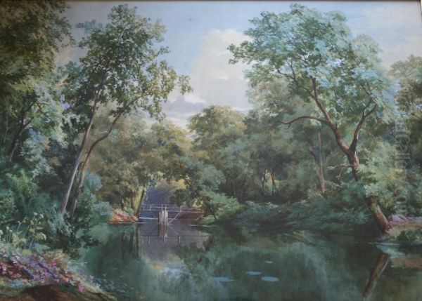 A Sunlit Woodland Pool Signed And Dated 1861 Oil Painting by James Jackson Curnock