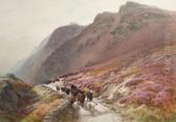 Cattle On A Highland Path Oil Painting by James Jackson Curnock