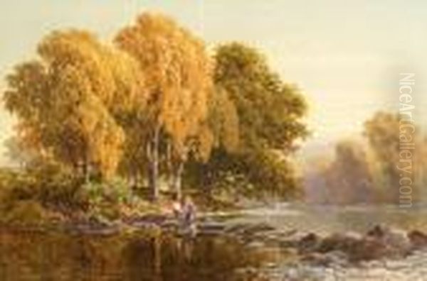 Welsh River Scene In Autumn Oil Painting by James Jackson Curnock