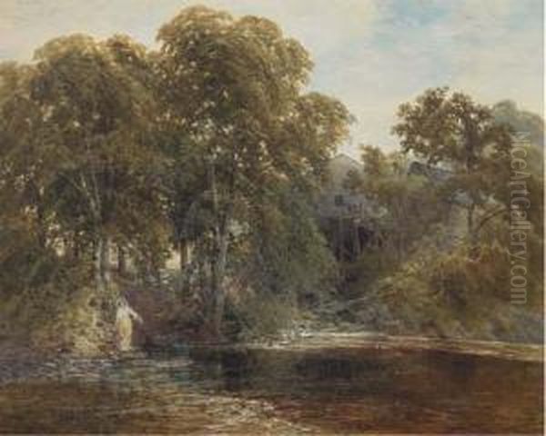 A Watermill In A Wooded Landscape Oil Painting by James Jackson Curnock