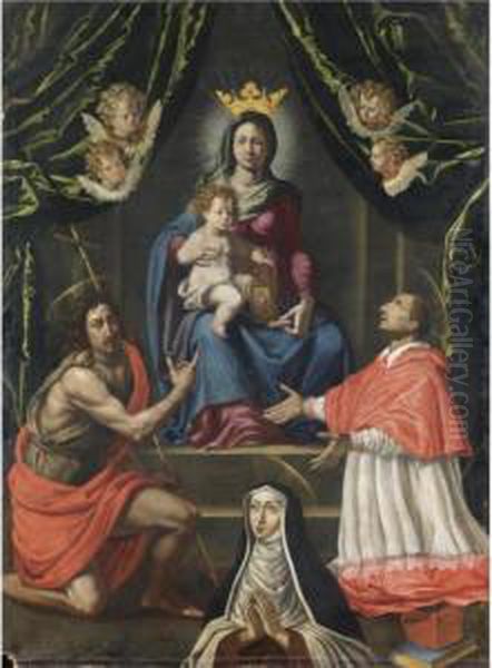 Madonna Col Bambino Tra San 
Carlo, San Giovanni Battista E Santa Maria Maddalena De' Pazzi Oil Painting by Francesco Curradi