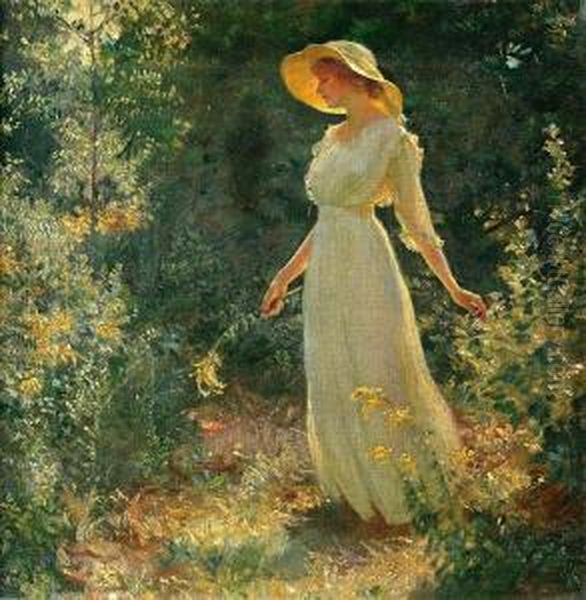 Woman In A White Dress In A Garden Oil Painting by Charles Curran