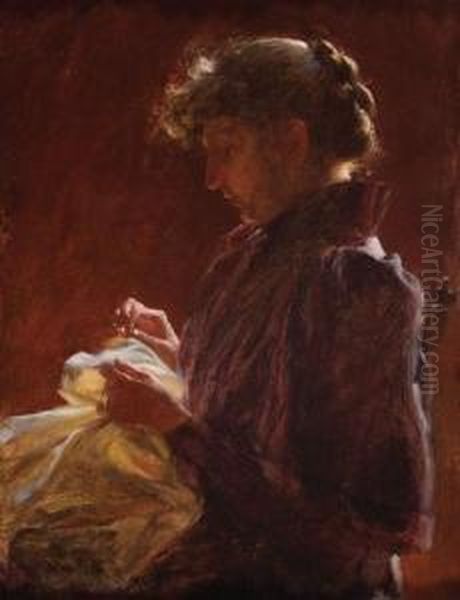 Woman Sewing Oil Painting by Charles Curran