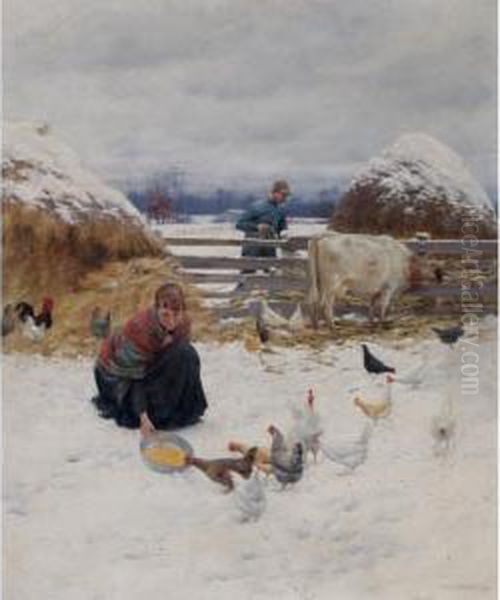 In The Barnyard Oil Painting by Charles Curran