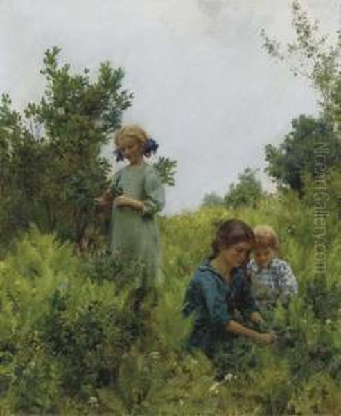 Blueberries And Ferns Oil Painting by Charles Curran