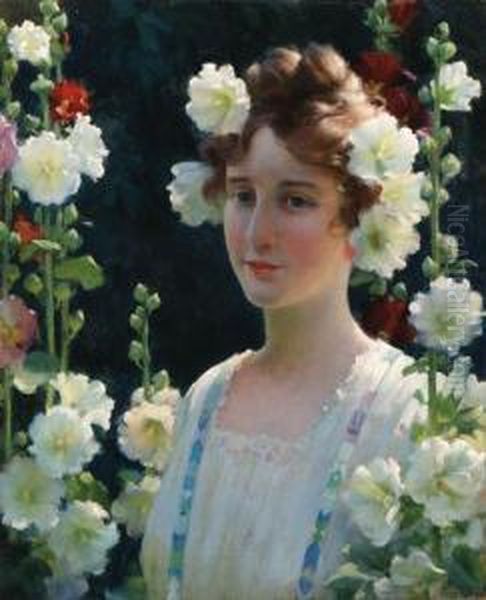 Among The Hollyhocks Oil Painting by Charles Curran