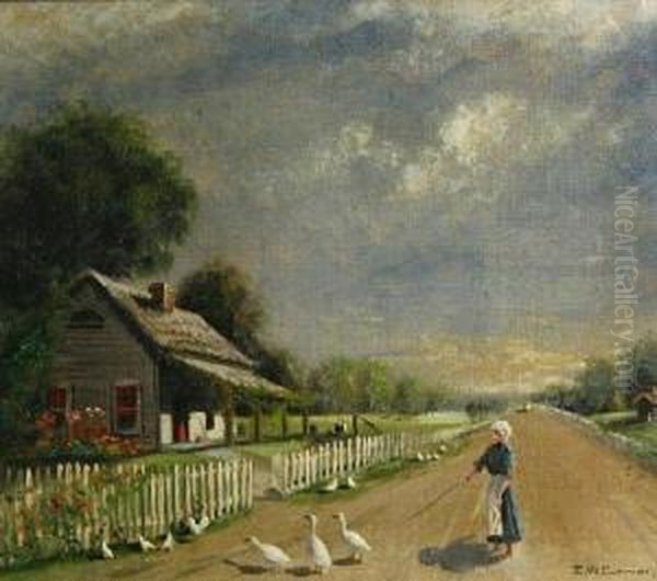 Cottage Scene With A Girl Tending Ducks Oil Painting by Edward Wilson Currier