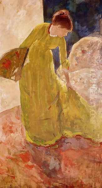 Woman Standing Holding A Fan Oil Painting by Mary Cassatt