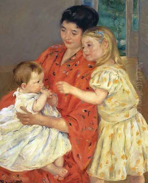 Mother And Sara Admiring The Baby Oil Painting by Mary Cassatt