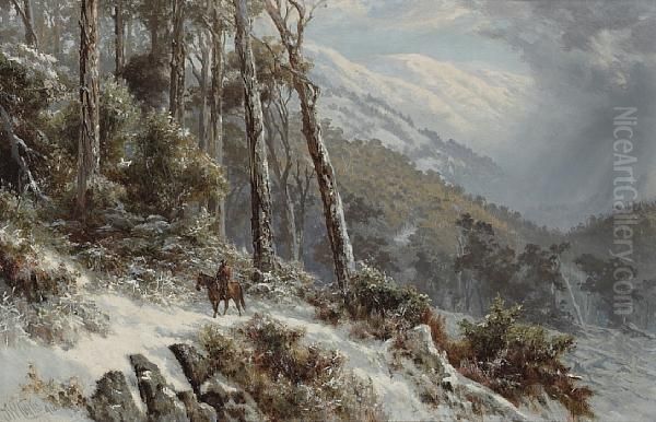 A Wintry Mountainous Landscape With A Horseman On A Path Oil Painting by James Waltham Curtis