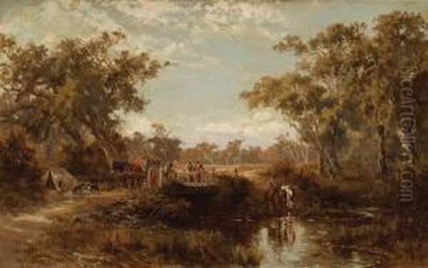 Woodcarter And Figures On A Bridge Oil Painting by James Waltham Curtis