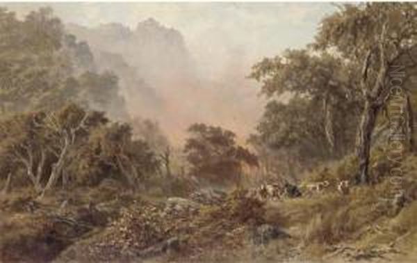 Bushfire; And Australian Landscape With Travellers Resting On A Track Oil Painting by James Waltham Curtis