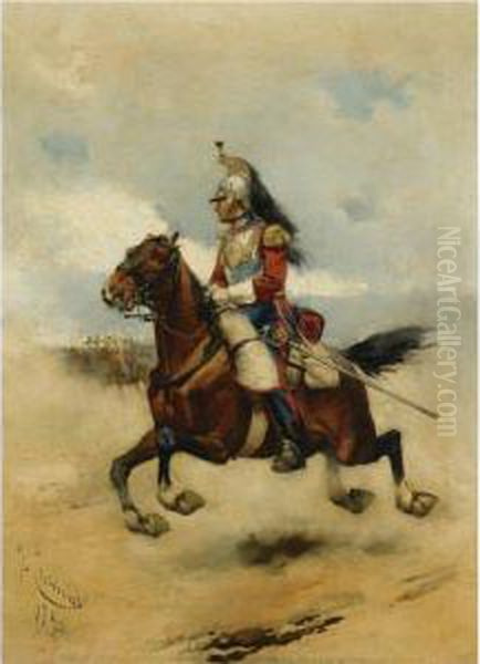 Oficial De Caballeria (charging Cavalry Officer) Oil Painting by Josep I Cusachscusachs