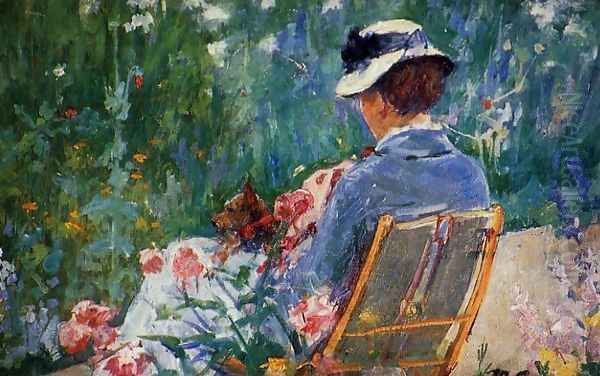 Lydia Seated In The Garden With A Dog In Her Lap Oil Painting by Mary Cassatt