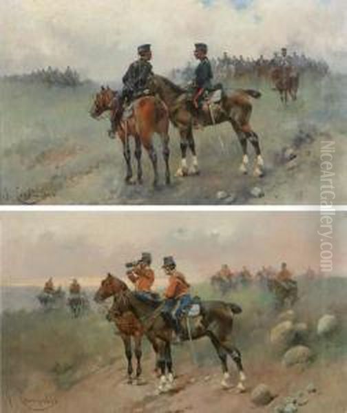 Pareja De Cuadros De Militares Oil Painting by Josep I Cusachscusachs