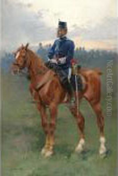 Jinete De Caballeria De Estado Mayor (soldier On Horseback) Oil Painting by Josep I Cusachscusachs